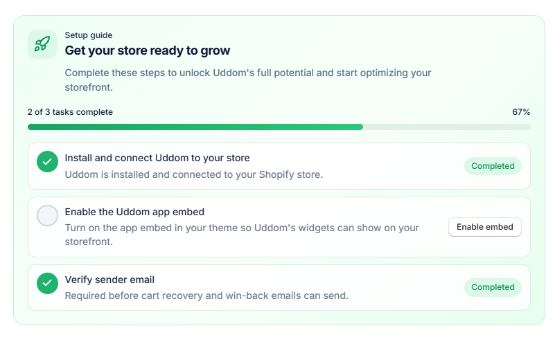 Home: the setup guide with the app embed task still to do